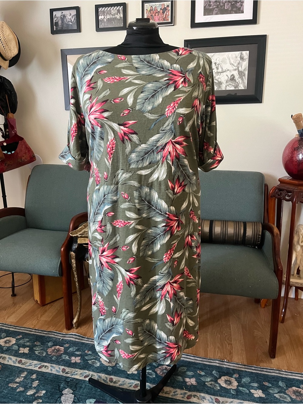 Karen Scott Olive Green Midi Dress with Pink Floral Print